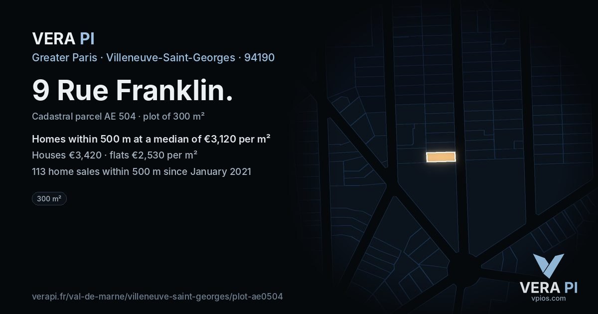 9 Rue Franklin, Villeneuve-Saint-Georges at night – the plot lit, the parcels around coloured by the prices near them