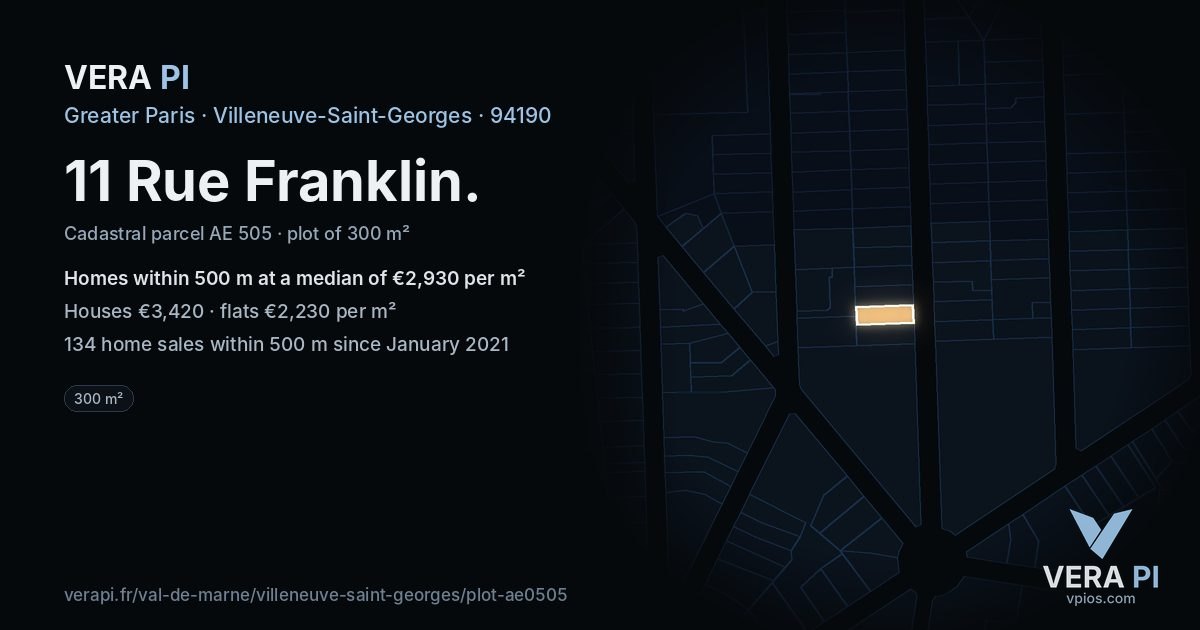 11 Rue Franklin, Villeneuve-Saint-Georges at night – the plot lit, the parcels around coloured by the prices near them