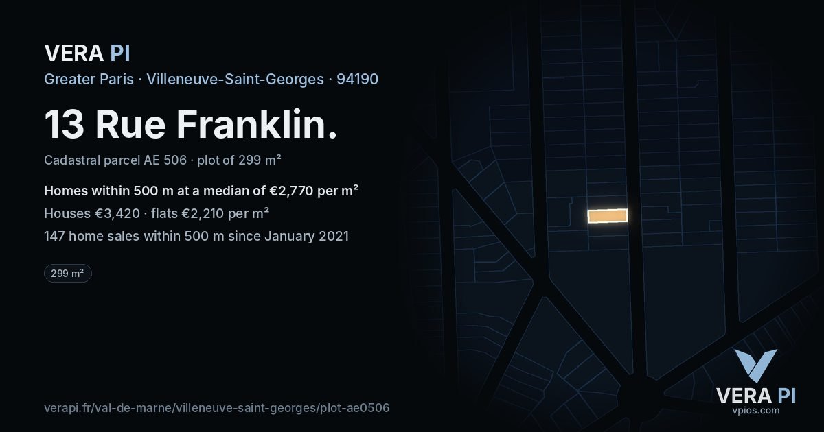 13 Rue Franklin, Villeneuve-Saint-Georges at night – the plot lit, the parcels around coloured by the prices near them