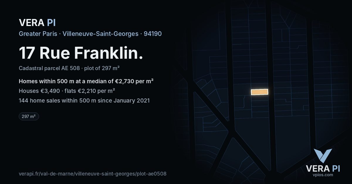 17 Rue Franklin, Villeneuve-Saint-Georges at night – the plot lit, the parcels around coloured by the prices near them