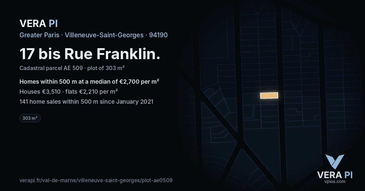 17 bis Rue Franklin, Villeneuve-Saint-Georges at night – the plot lit, the parcels around coloured by the prices near them
