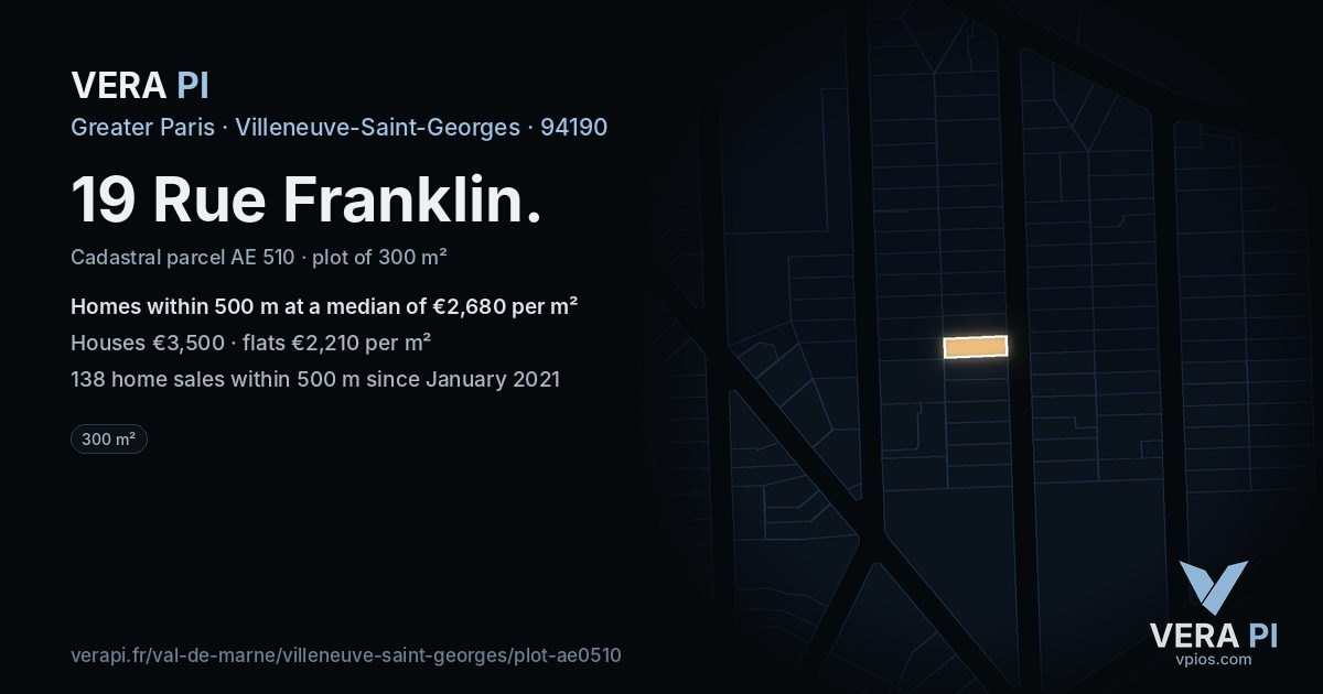 19 Rue Franklin, Villeneuve-Saint-Georges at night – the plot lit, the parcels around coloured by the prices near them