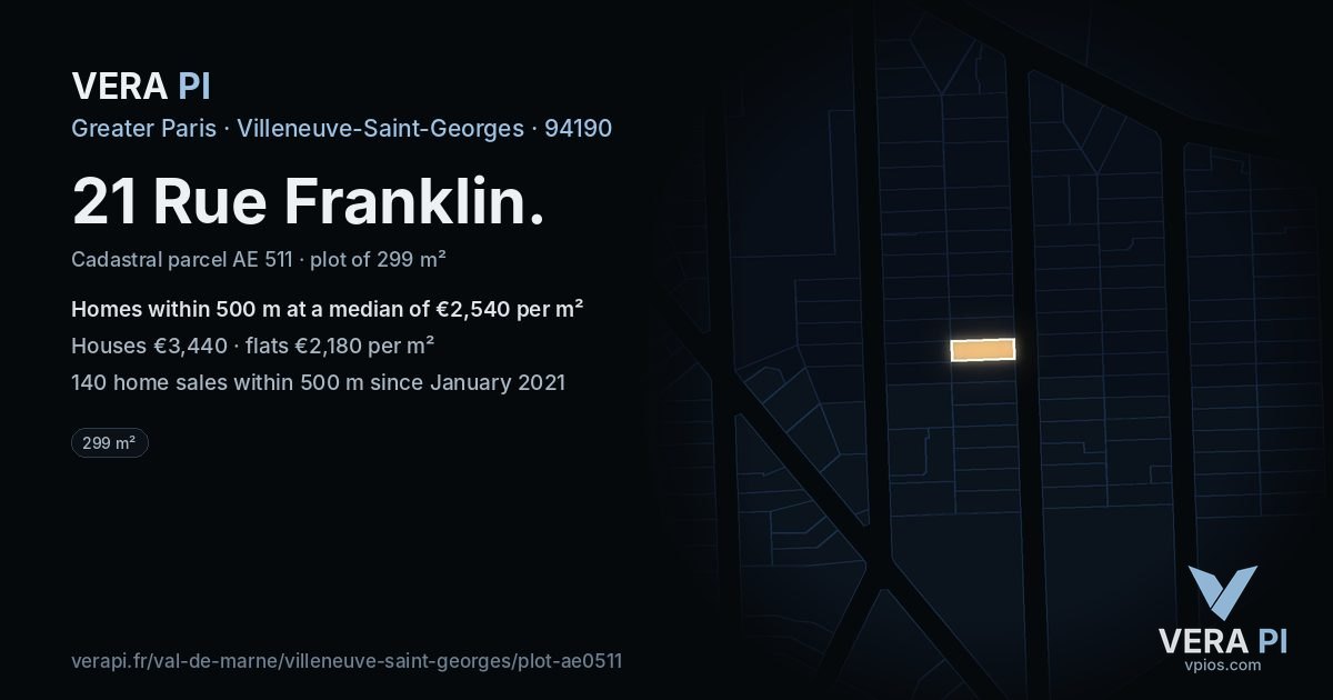 21 Rue Franklin, Villeneuve-Saint-Georges at night – the plot lit, the parcels around coloured by the prices near them