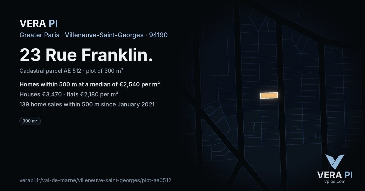 23 Rue Franklin, Villeneuve-Saint-Georges at night – the plot lit, the parcels around coloured by the prices near them