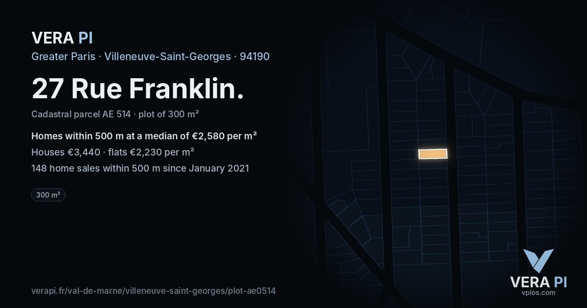 27 Rue Franklin, Villeneuve-Saint-Georges at night – the plot lit, the parcels around coloured by the prices near them