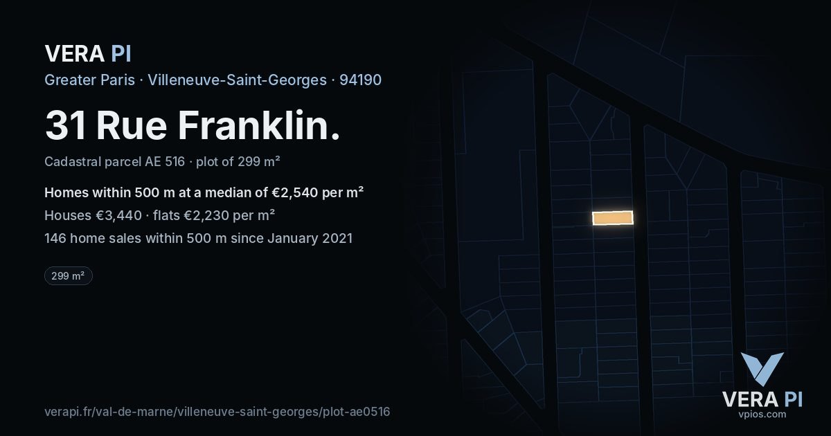 31 Rue Franklin, Villeneuve-Saint-Georges at night – the plot lit, the parcels around coloured by the prices near them
