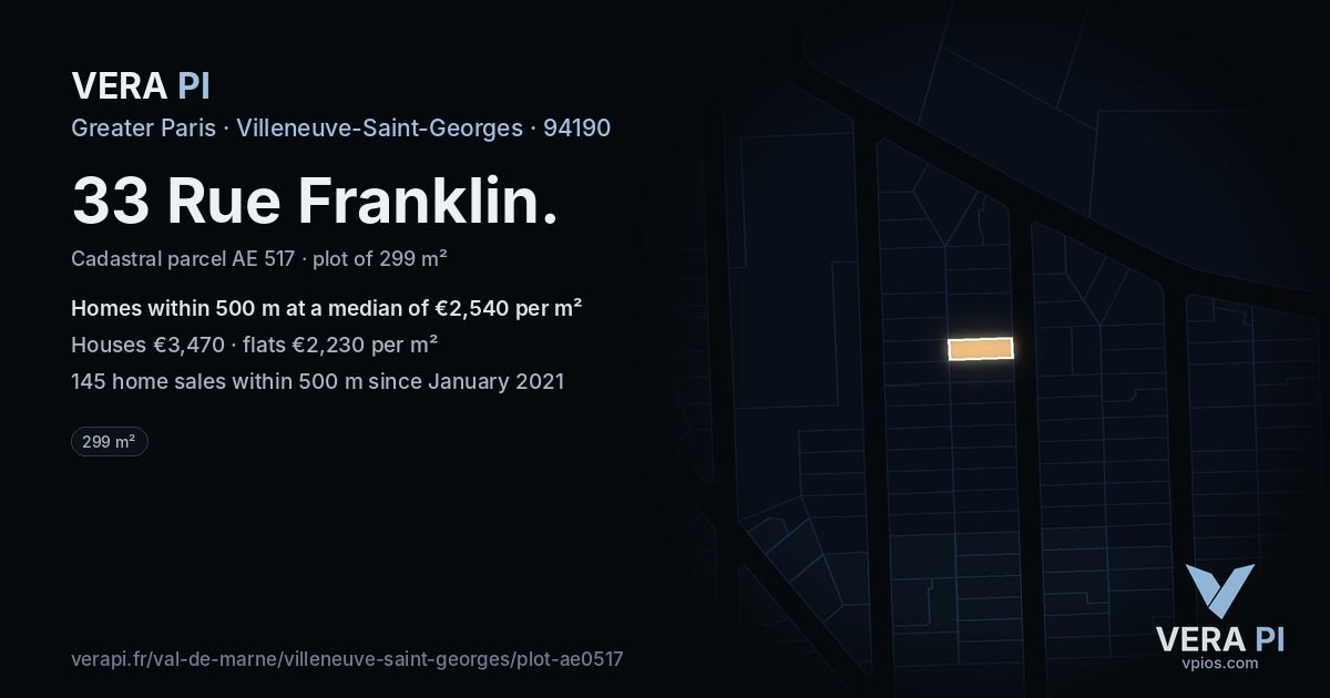 33 Rue Franklin, Villeneuve-Saint-Georges at night – the plot lit, the parcels around coloured by the prices near them