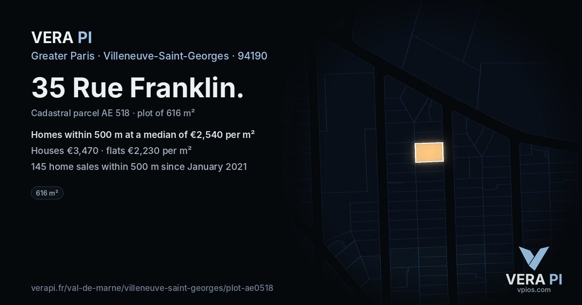 35 Rue Franklin, Villeneuve-Saint-Georges at night – the plot lit, the parcels around coloured by the prices near them
