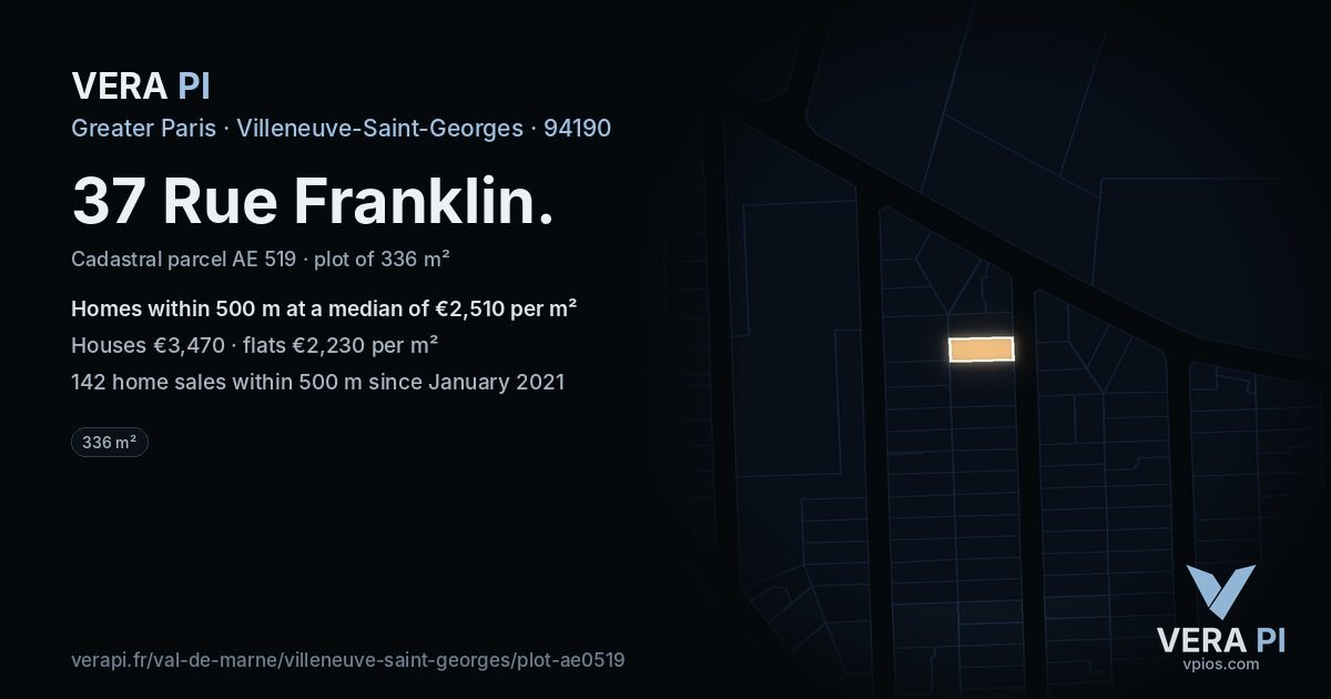 37 Rue Franklin, Villeneuve-Saint-Georges at night – the plot lit, the parcels around coloured by the prices near them
