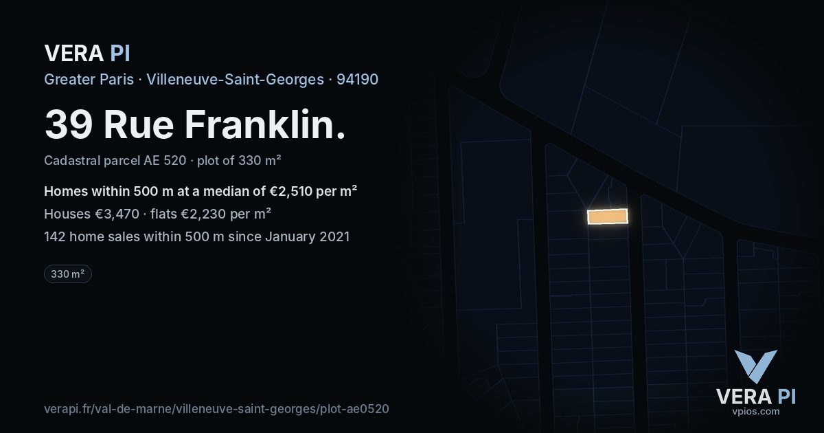 39 Rue Franklin, Villeneuve-Saint-Georges at night – the plot lit, the parcels around coloured by the prices near them