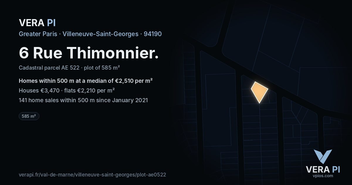 6 Rue Thimonnier, Villeneuve-Saint-Georges at night – the plot lit, the parcels around coloured by the prices near them