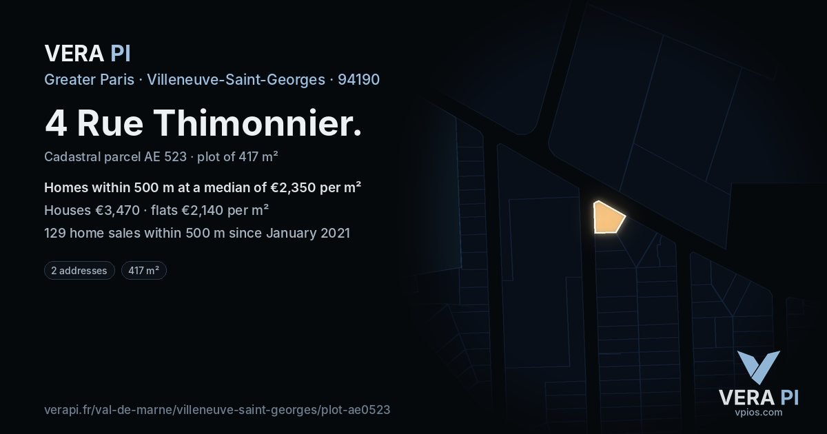 4 Rue Thimonnier, Villeneuve-Saint-Georges at night – the plot lit, the parcels around coloured by the prices near them