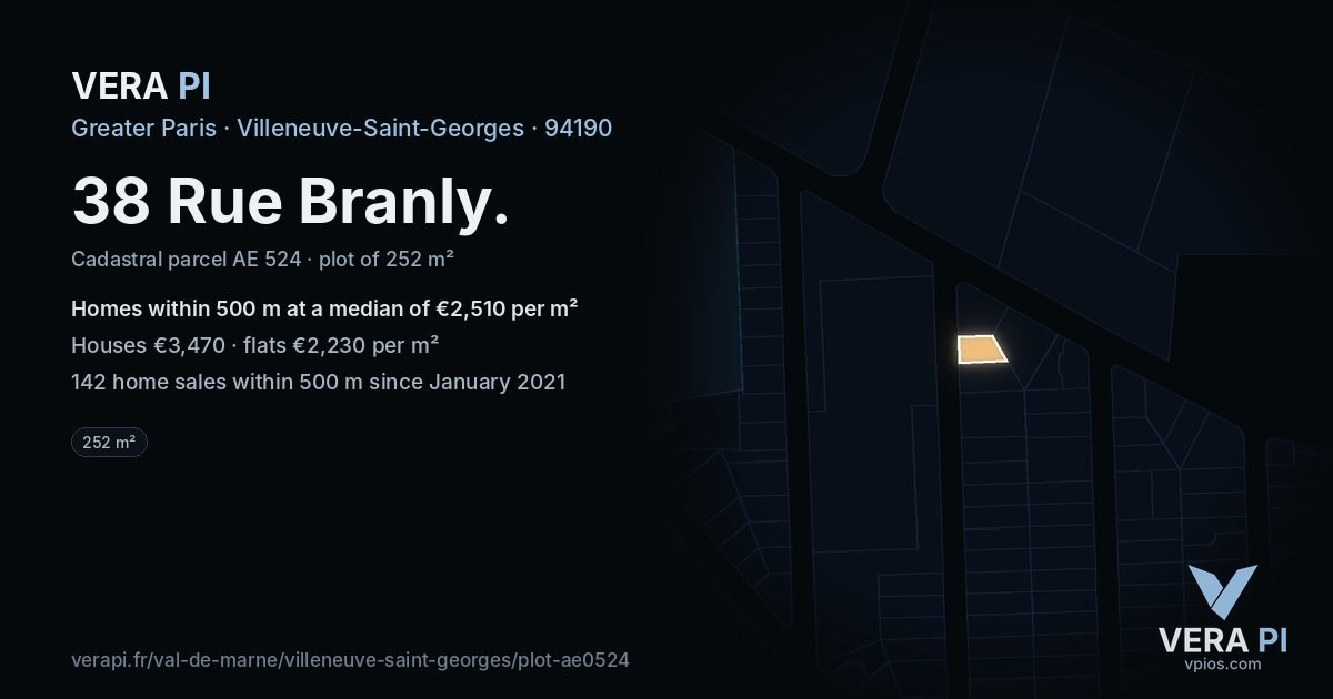 38 Rue Branly, Villeneuve-Saint-Georges at night – the plot lit, the parcels around coloured by the prices near them