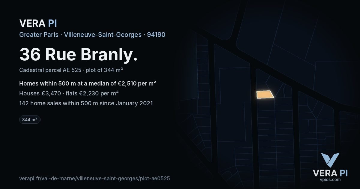 36 Rue Branly, Villeneuve-Saint-Georges at night – the plot lit, the parcels around coloured by the prices near them