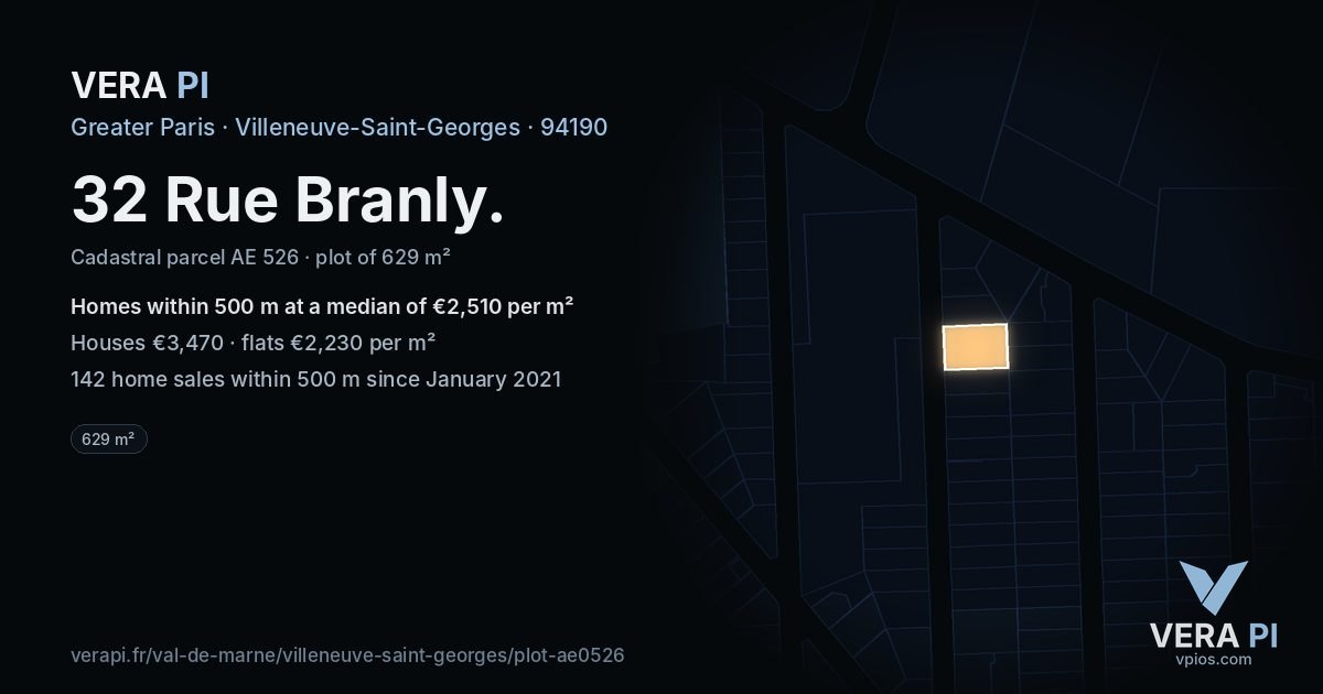 32 Rue Branly, Villeneuve-Saint-Georges at night – the plot lit, the parcels around coloured by the prices near them
