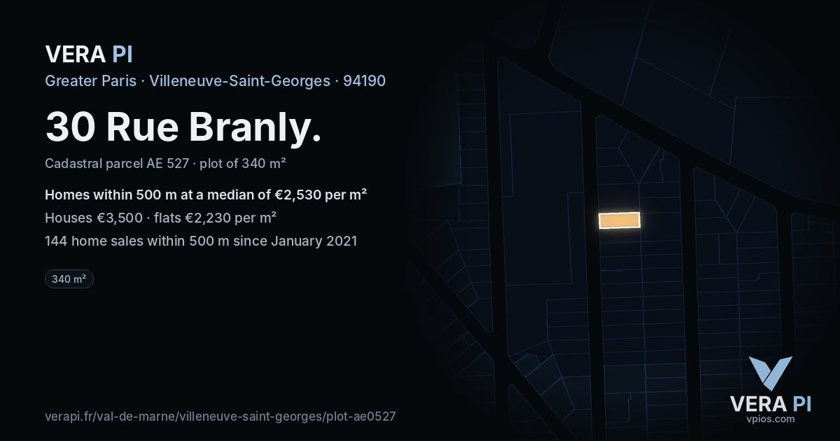 30 Rue Branly, Villeneuve-Saint-Georges at night – the plot lit, the parcels around coloured by the prices near them