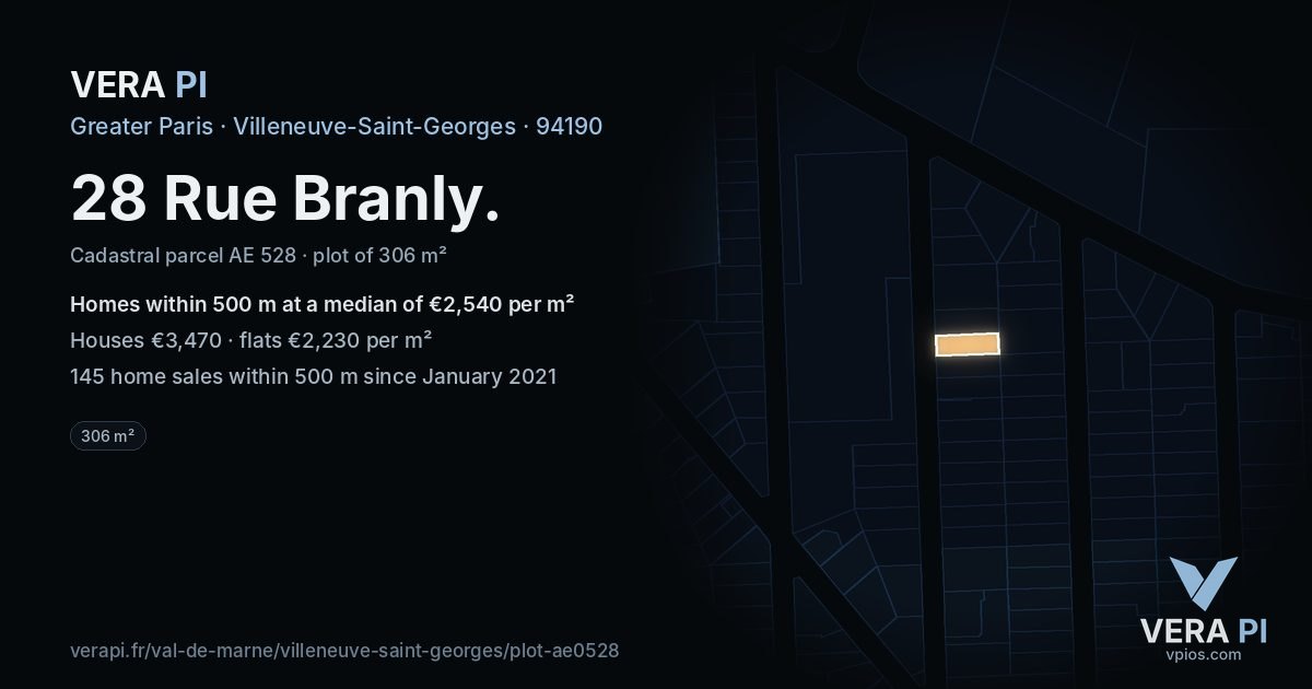 28 Rue Branly, Villeneuve-Saint-Georges at night – the plot lit, the parcels around coloured by the prices near them