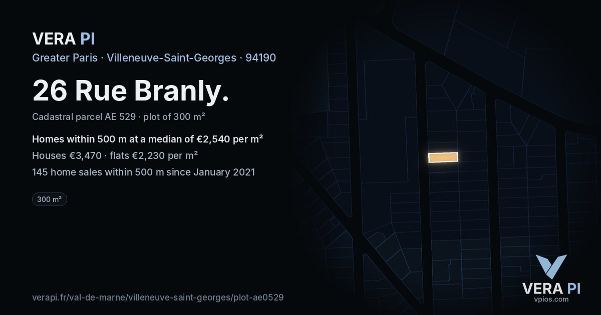 26 Rue Branly, Villeneuve-Saint-Georges at night – the plot lit, the parcels around coloured by the prices near them