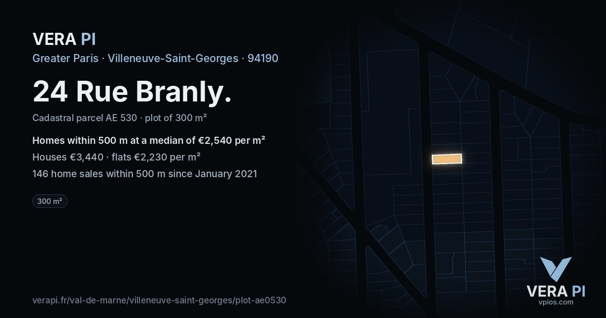 24 Rue Branly, Villeneuve-Saint-Georges at night – the plot lit, the parcels around coloured by the prices near them