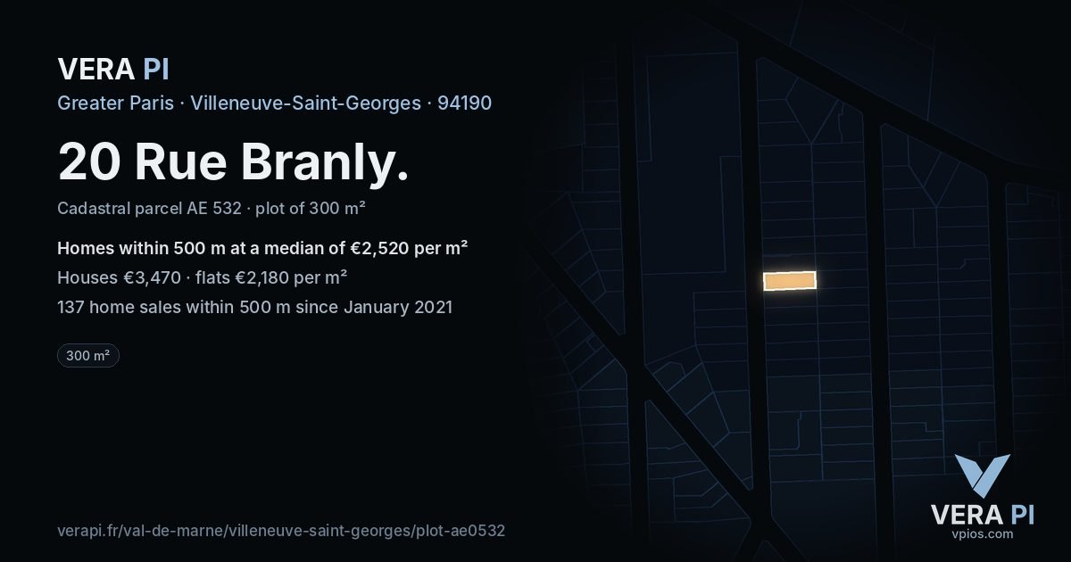 20 Rue Branly, Villeneuve-Saint-Georges at night – the plot lit, the parcels around coloured by the prices near them