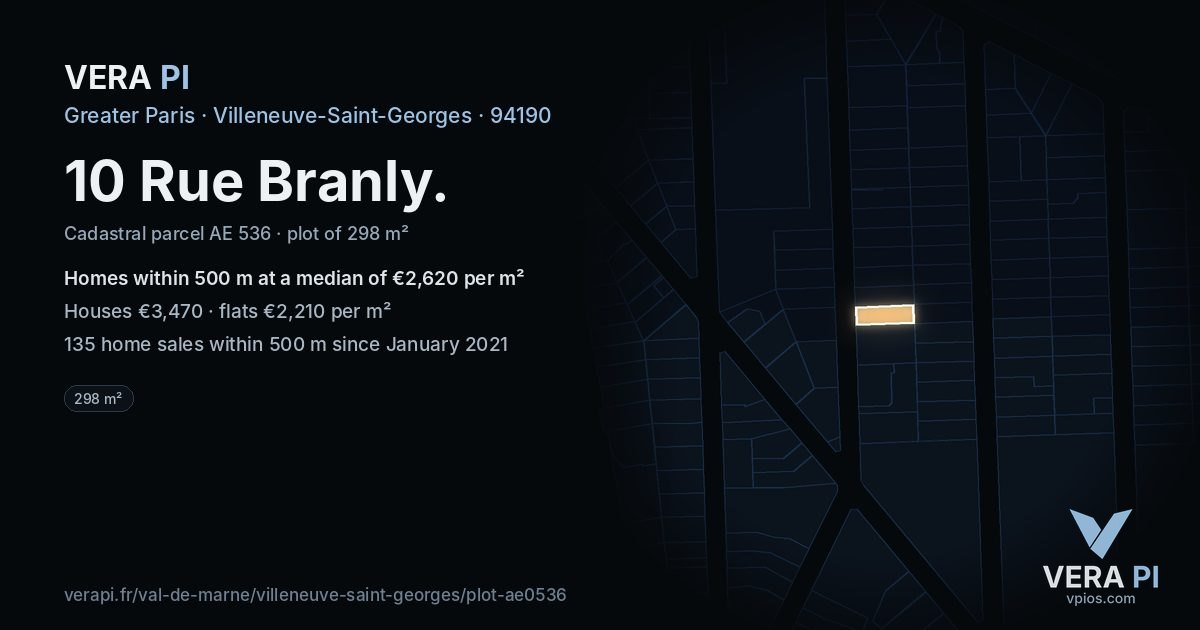 10 Rue Branly, Villeneuve-Saint-Georges at night – the plot lit, the parcels around coloured by the prices near them