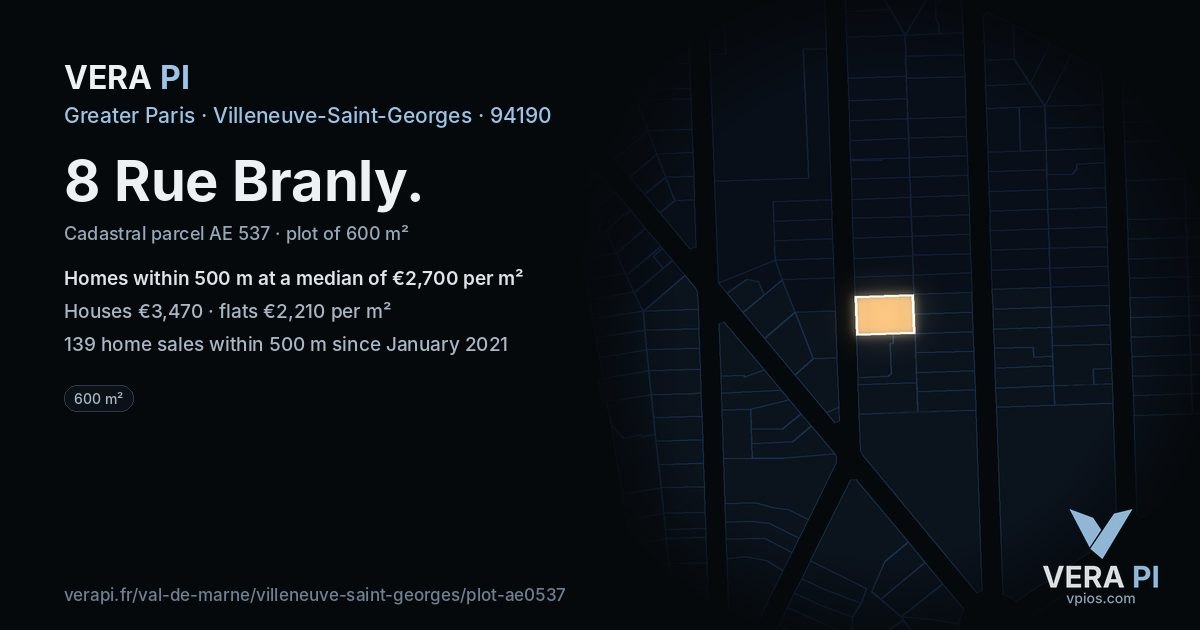 8 Rue Branly, Villeneuve-Saint-Georges at night – the plot lit, the parcels around coloured by the prices near them