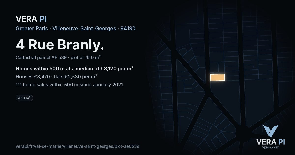 4 Rue Branly, Villeneuve-Saint-Georges at night – the plot lit, the parcels around coloured by the prices near them