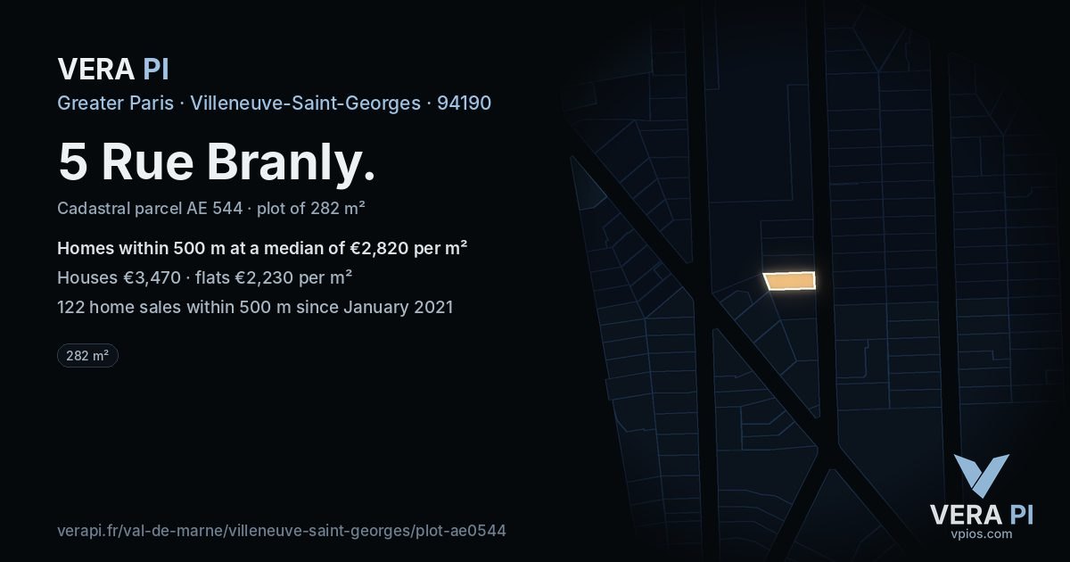 5 Rue Branly, Villeneuve-Saint-Georges at night – the plot lit, the parcels around coloured by the prices near them