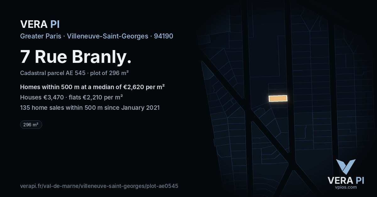 7 Rue Branly, Villeneuve-Saint-Georges at night – the plot lit, the parcels around coloured by the prices near them