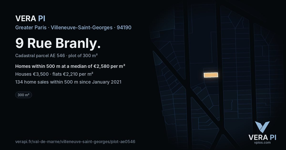 9 Rue Branly, Villeneuve-Saint-Georges at night – the plot lit, the parcels around coloured by the prices near them