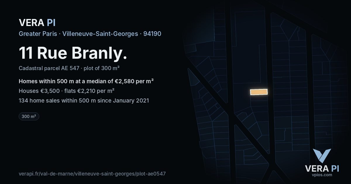 11 Rue Branly, Villeneuve-Saint-Georges at night – the plot lit, the parcels around coloured by the prices near them