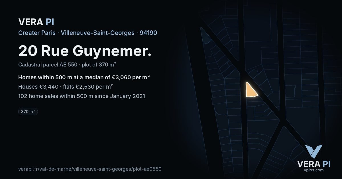 20 Rue Guynemer, Villeneuve-Saint-Georges at night – the plot lit, the parcels around coloured by the prices near them