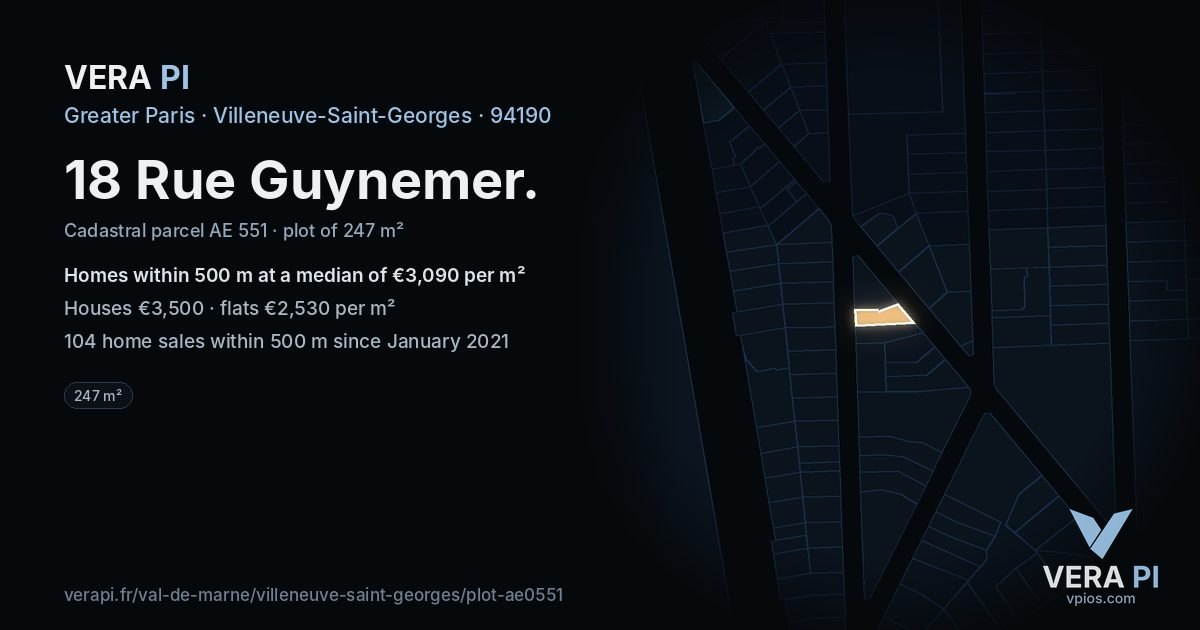18 Rue Guynemer, Villeneuve-Saint-Georges at night – the plot lit, the parcels around coloured by the prices near them