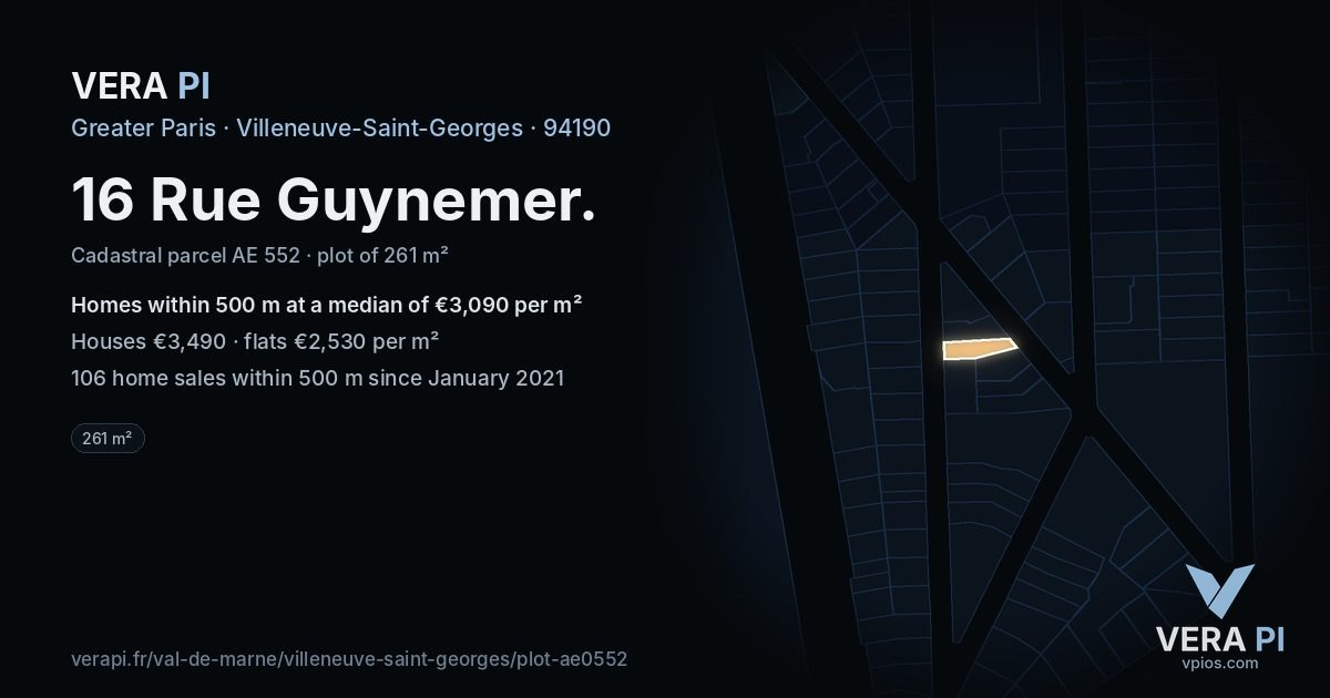 16 Rue Guynemer, Villeneuve-Saint-Georges at night – the plot lit, the parcels around coloured by the prices near them