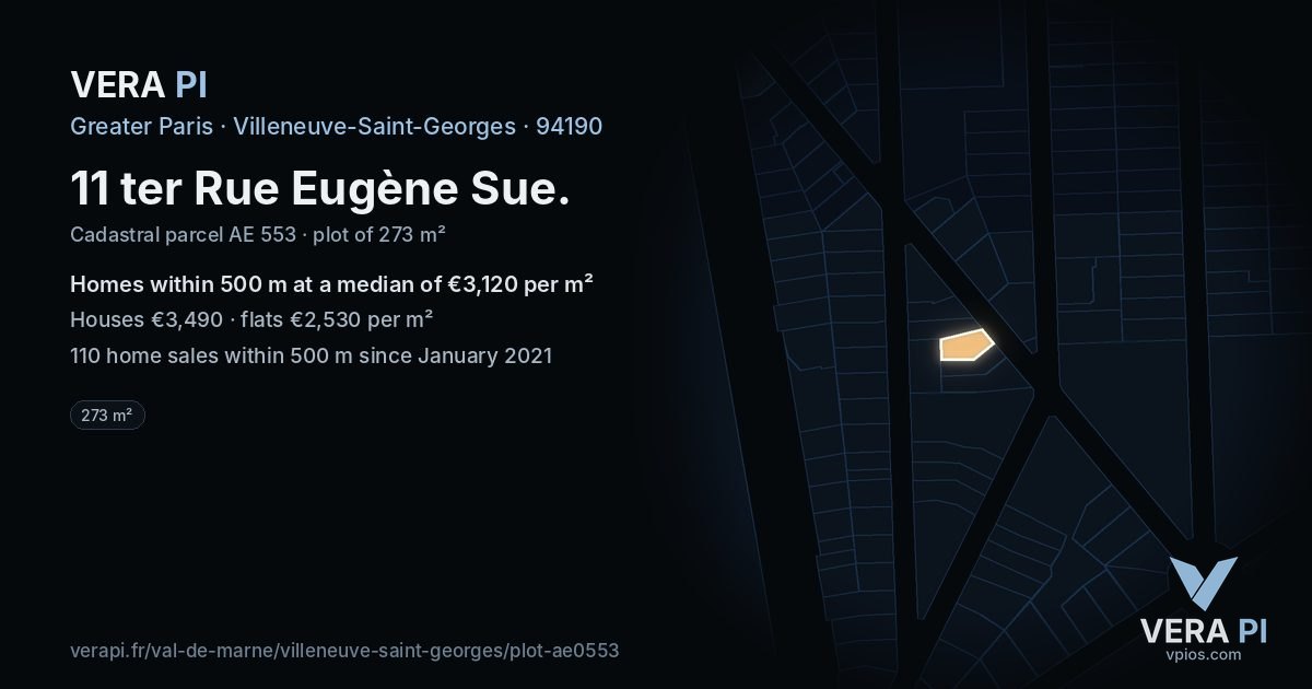 11 ter Rue Eugène Sue, Villeneuve-Saint-Georges at night – the plot lit, the parcels around coloured by the prices near them