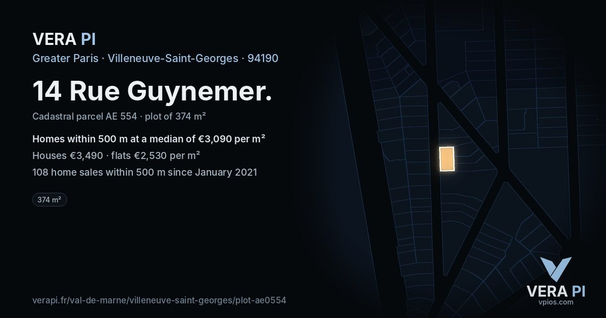 14 Rue Guynemer, Villeneuve-Saint-Georges at night – the plot lit, the parcels around coloured by the prices near them