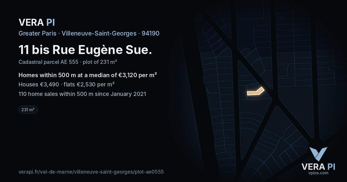 11 bis Rue Eugène Sue, Villeneuve-Saint-Georges at night – the plot lit, the parcels around coloured by the prices near them