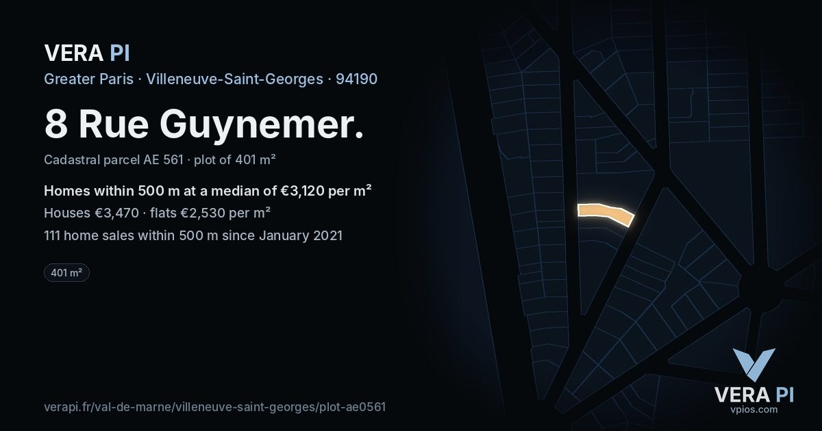 8 Rue Guynemer, Villeneuve-Saint-Georges at night – the plot lit, the parcels around coloured by the prices near them