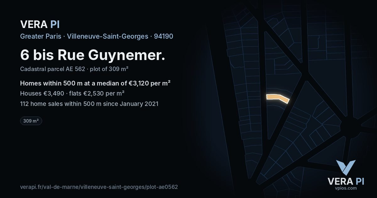 6 bis Rue Guynemer, Villeneuve-Saint-Georges at night – the plot lit, the parcels around coloured by the prices near them