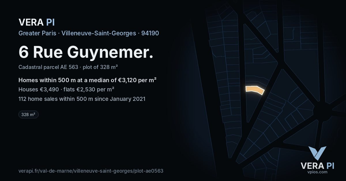 6 Rue Guynemer, Villeneuve-Saint-Georges at night – the plot lit, the parcels around coloured by the prices near them