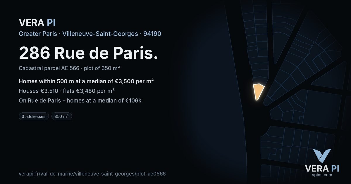 286 Rue de Paris, Villeneuve-Saint-Georges at night – the plot lit, the parcels around coloured by the prices near them