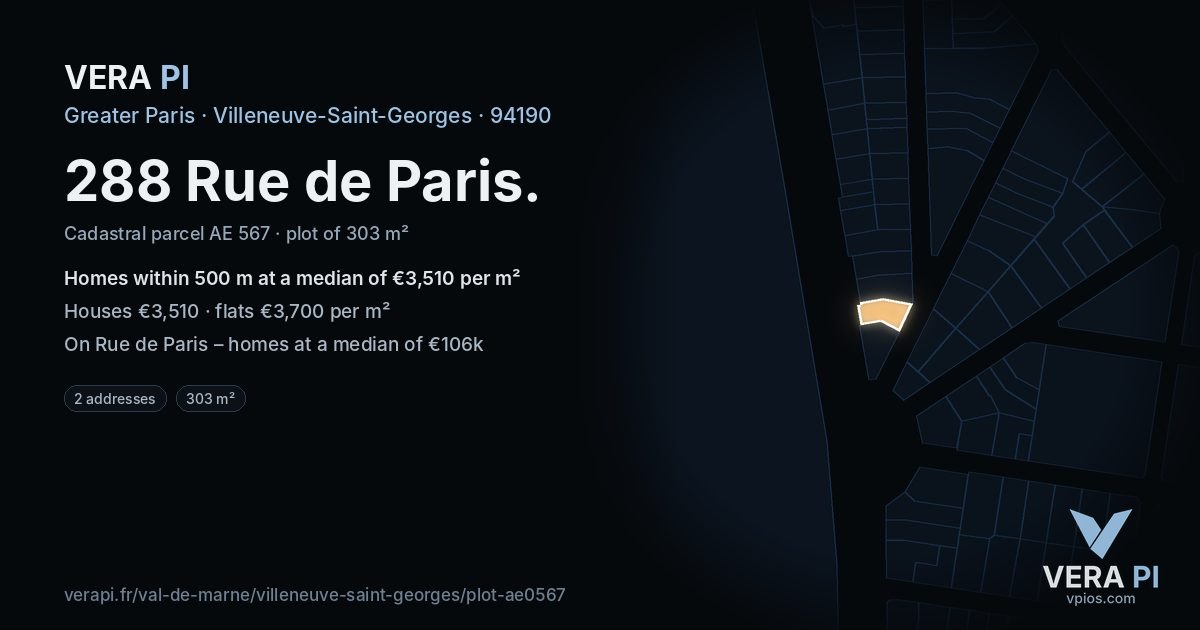 288 Rue de Paris, Villeneuve-Saint-Georges at night – the plot lit, the parcels around coloured by the prices near them