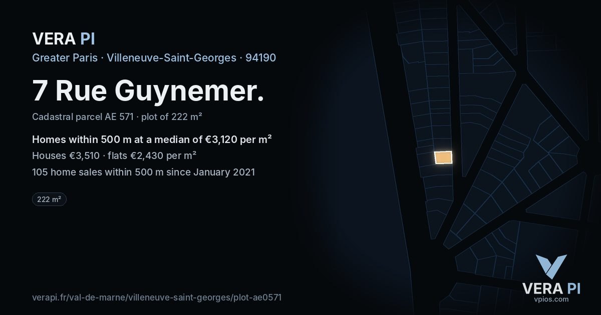 7 Rue Guynemer, Villeneuve-Saint-Georges at night – the plot lit, the parcels around coloured by the prices near them