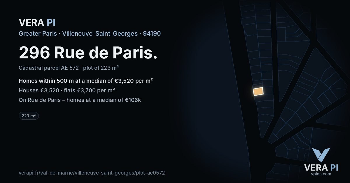 296 Rue de Paris, Villeneuve-Saint-Georges at night – the plot lit, the parcels around coloured by the prices near them