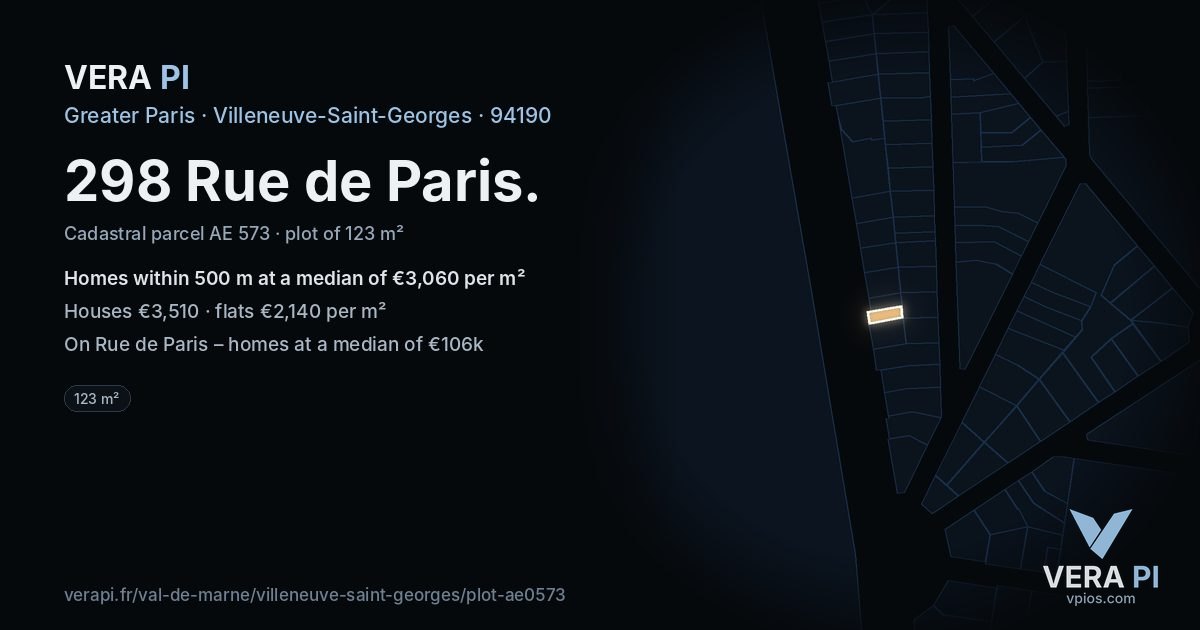 298 Rue de Paris, Villeneuve-Saint-Georges at night – the plot lit, the parcels around coloured by the prices near them