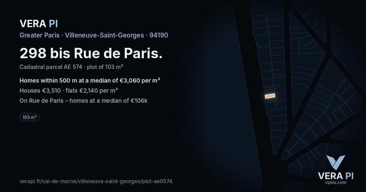 298 bis Rue de Paris, Villeneuve-Saint-Georges at night – the plot lit, the parcels around coloured by the prices near them