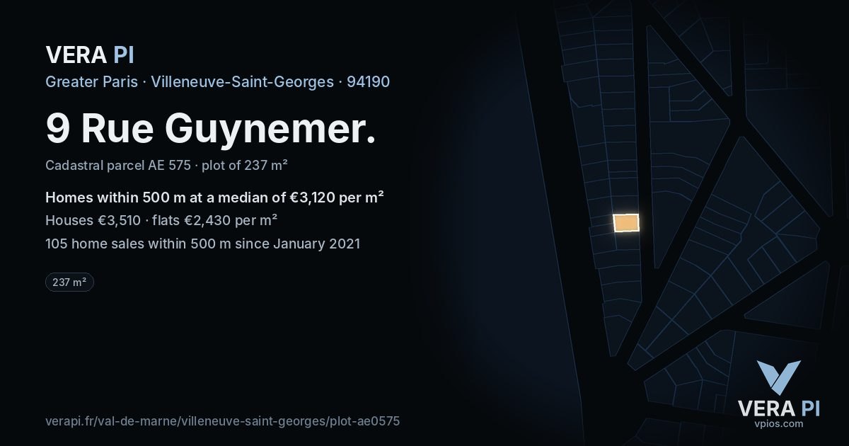 9 Rue Guynemer, Villeneuve-Saint-Georges at night – the plot lit, the parcels around coloured by the prices near them