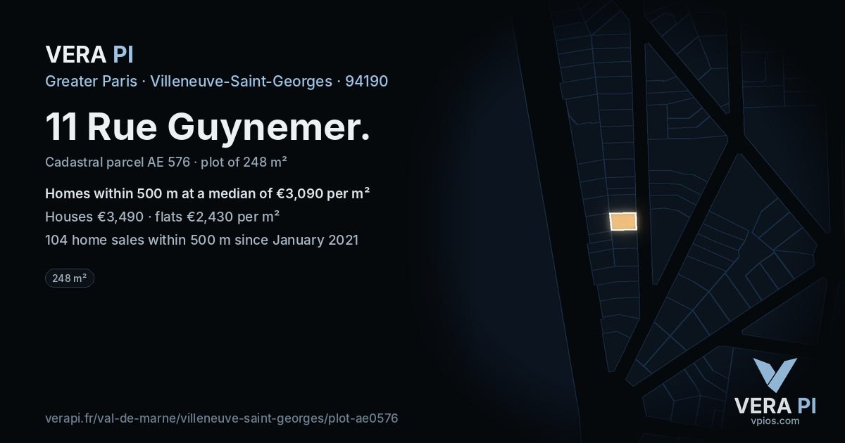 11 Rue Guynemer, Villeneuve-Saint-Georges at night – the plot lit, the parcels around coloured by the prices near them