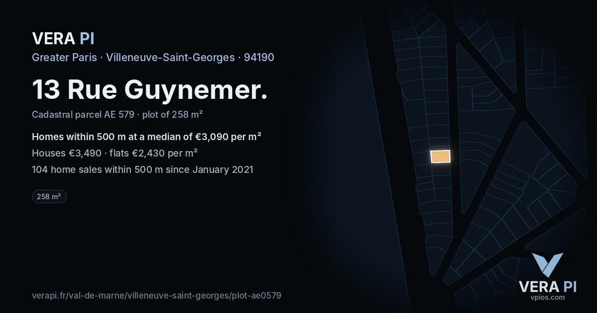 13 Rue Guynemer, Villeneuve-Saint-Georges at night – the plot lit, the parcels around coloured by the prices near them