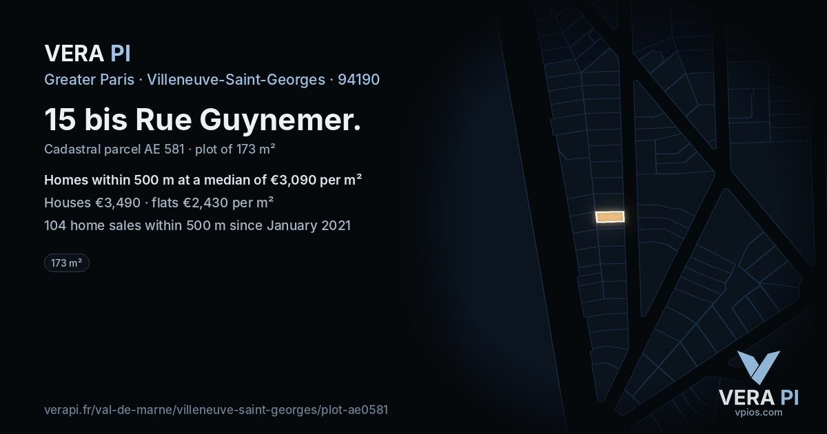 15 bis Rue Guynemer, Villeneuve-Saint-Georges at night – the plot lit, the parcels around coloured by the prices near them